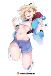 Rule 34 | 1girl, :d, absurdres, animal hood, artist name, blonde hair, blue eyes, blue jacket, blue shorts, breasts, commentary, crop top, denim, denim shorts, earrings, english commentary, eyelashes, hands up, highres, hood, hood down, hot vr, jacket, jewelry, jumping, medium breasts, midriff, navel, necklace, no bra, open clothes, open fly, open jacket, open mouth, original, shoes, short hair, short shorts, shorts, simple background, smile, sneakers, solo, stomach, tank top, teeth, underboob, undercut, upper teeth only, watermark, web address, white background, white footwear
