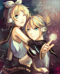 Rule 34 | 1boy, 1girl, ahoge, aqua eyes, blonde hair, bow, brother and sister, cocoons, hair bow, hair ornament, hairclip, headphones, holding, hug, kagamine len, kagamine rin, musical note, necktie, one eye closed, pointing, siblings, sleeveless, smile, twins, vocaloid, wink