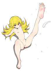 Rule 34 | 1girl, arm support, bandaid, bandaid on pussy, bandaids on nipples, barefoot, blonde hair, blush, closed mouth, completely nude, dynamite tomokazu, feet, female focus, full body, highres, kizumonogatari, leg up, long hair, looking at viewer, monogatari (series), nude, oshino shinobu, pasties, pointy ears, simple background, smile, soles, solo, spread legs, toes, yellow eyes