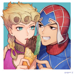 Rule 34 | 2boys, 723 (tobi), artist name, beanie, black eyes, blonde hair, border, braid, braided ponytail, earrings, food, giorno giovanna, green background, green eyes, grin, guido mista, hat, holding, holding food, ice cream, jacket, jewelry, jojo no kimyou na bouken, licking, long hair, looking at another, male focus, multiple boys, orange headwear, pink jacket, smile, teeth, tongue, tongue out, vento aureo, white border