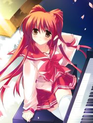 Rule 34 | brown eyes, crossed legs, hair flip, instrument, kousaka tamaki, looking up, petals, piano, piano bench, red hair, rei (rei&#039;s room), revision, school uniform, sitting, skirt, smile, solo, thighhighs, to heart (series), to heart 2