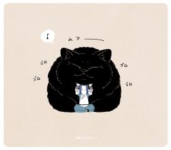 Rule 34 | 1boy, animal, arms up, bbvip neko, black cat, cat, closed eyes, luo xiaohei, musical note, no mouth, no nose, oversized animal, simple background, speech bubble, spoken musical note, tan background, luo xiaohei zhanji, translation request, twitter username, wuxian (the legend of luoxiaohei)
