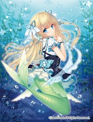 Rule 34 | 1girl, air bubble, black skirt, blonde hair, blue bow, blue eyes, blue ribbon, blush, bow, bubble, cardfight!! vanguard, character request, closed mouth, commentary request, day, fins, full body, hair between eyes, hair ornament, hair ribbon, hands up, head fins, head tilt, high-waist skirt, long hair, looking at viewer, looking to the side, mermaid, monster girl, official art, outdoors, ribbon, sacraneco, see-through, shirt, short sleeves, skirt, solo, sparkle, steepled fingers, underwater, very long hair, water, watermark, white shirt, wide sleeves, x hair ornament
