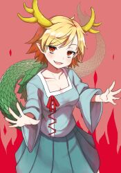 Rule 34 | 1girl, antlers, blonde hair, blue shirt, blush, breasts, cleavage, collarbone, cross-laced clothes, cross-laced dress, dragon girl, dragon horns, dragon tail, fang, fingernails, fur-tipped tail, green scales, green tail, highres, horns, kicchou yachie, long sleeves, looking at viewer, monster girl, nagyiiie, open mouth, pointy ears, red eyes, scales, sharp fingernails, shirt, short hair, simple background, slit pupils, smile, solo, square neckline, tail, touhou, turtle shell, wide sleeves, yellow horns