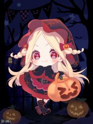 Rule 34 | 1girl, bare tree, belt, black bow, black dress, black footwear, black gloves, blonde hair, blush, boots, bow, chibi, copyright name, cross-laced footwear, dairoku ryouhei, dress, food-themed hair ornament, gloves, hair ornament, jack-o&#039;-lantern, knee boots, lilia ortolan, looking at viewer, night, outdoors, pumpkin hair ornament, quyiyong, red dress, red eyes, smile, solo, string of flags, tree, two-tone dress