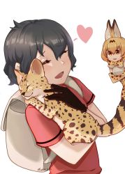 Rule 34 | 2girls, animal, animal ears, backpack, bag, bare shoulders, black hair, blonde hair, blouse, blush, bow, bowtie, cat, closed eyes, commentary request, elbow gloves, gloves, heart, high-waist skirt, highres, holding, holding animal, holding cat, kaban (kemono friends), kemono friends, multiple girls, natuki takumi, no headwear, print gloves, print neckwear, print skirt, red shirt, serval, serval (kemono friends), serval print, serval tail, shaded face, shirt, short hair, short sleeves, simple background, skirt, sleeveless, t-shirt, tail, traditional bowtie, white background, yellow eyes