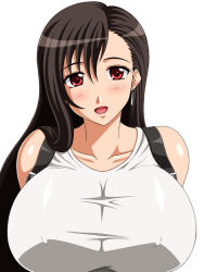 Rule 34 | 1990s (style), 1girl, black hair, blush, breasts, cleavage, covered erect nipples, earrings, female focus, final fantasy, final fantasy vii, huge breasts, jewelry, large breasts, long hair, open mouth, red eyes, retro artstyle, simple background, smile, solo, tifa lockhart, tomite, white background