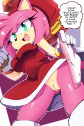 Rule 34 | 1girl, amy rose, bracelet, breasts, cleft of venus, clothes, colored skin, cowboy shot, dress, english text, euf-dreamer, eyelashes, furry, gloves, green eyes, hair ornament, hairband, half-closed eyes, highres, holding, holding clothes, holding panties, holding underwear, holding weapon, jewelry, looking at viewer, multicolored skin, open mouth, panties, unworn panties, toy hammer, pink hair, pink skin, portrait, pussy, sega, shiny skin, short hair, smile, solo, sonic (series), speech bubble, standing, thick thighs, thighs, two-tone skin, underwear, unworn underwear, upskirt, weapon, white gloves, white handwear