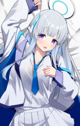 Rule 34 | 1girl, absurdres, akinoji (akiponpon27), arm up, blue archive, blue necktie, blunt bangs, blush, breasts, collared shirt, commentary request, facing viewer, grey hair, halo, highres, jacket, long hair, long sleeves, looking ahead, lying, mechanical halo, medium breasts, necktie, noa (blue archive), on back, open clothes, open jacket, open mouth, open vest, partially unbuttoned, pleated skirt, purple eyes, shirt, shirt tucked in, sidelocks, skirt, solo, sweat, two-sided fabric, two-sided jacket, vest, white jacket, white shirt, white vest