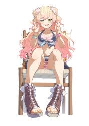 Rule 34 | 1girl, :d, bikini, blonde hair, blush, bracelet, brat (brabrabrat00), breasts, brown footwear, cleavage, collarbone, crossed bangs, double bun, feet, foreshortening, full body, gradient hair, green eyes, hair bun, hair ornament, hands up, high heels, highres, hololive, hololive summer 2023 swimsuit, jewelry, legs, long hair, looking at viewer, medium breasts, momosuzu nene, multicolored hair, nail polish, navel, on chair, open mouth, orange nails, pink hair, simple background, sitting, smile, solo, striped bikini, striped clothes, swimsuit, teeth, thighs, toeless footwear, toenail polish, toenails, toes, virtual youtuber, w, white background