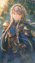 Rule 34 | 1girl, absurdres, alice zuberg, armor, blonde hair, blue cloak, blue eyes, breastplate, cloak, closed mouth, commentary request, cowboy shot, gauntlets, gold armor, hair between eyes, hand on hilt, headpiece, highres, huge filesize, long hair, looking at viewer, pauldrons, scabbard, sheath, sheathed, shoulder armor, sidelocks, sketch, smile, solo, sword, sword art online, sword art online: alicization, tokiki (tomok1), weapon