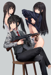 Rule 34 | black hair, black pants, black sweater, bra, braid, camisole, chair, clothes lift, collared shirt, commentary request, crossed legs, dress shirt, grey background, grey shirt, gun, highres, holding, holding gun, holding weapon, inoue takina, lifting own clothes, long hair, long sleeves, lycoris recoil, multiple views, necktie, neko (yanshoujie), panties, pants, ponytail, purple eyes, red necktie, shirt, shirt lift, sidelocks, simple background, sitting, submachine gun, sweater, thompson submachine gun, tongue, tongue out, twin braids, underwear, undressing, vest, weapon, white bra, white panties
