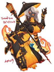 Rule 34 | 1girl, absurdres, black footwear, black skin, colored eyelashes, colored skin, commission, extra arms, facial mark, fire, full body, hair over one eye, hands up, hat, highres, holding, holding staff, inu fuji, jingasa, kneeling, lantern, looking at viewer, medium hair, open mouth, orange eyes, original, skeb commission, smile, staff, white background, white hair