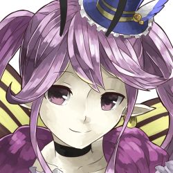 Rule 34 | 1girl, antennae, bad id, bad pixiv id, butterfly wings, cattleya (p&amp;d), choker, collarbone, earrings, fairy, frills, hat, insect wings, jewelry, long hair, looking at viewer, mini hat, mini top hat, mosamune, pointy ears, purple eyes, purple hair, puzzle &amp; dragons, simple background, single earring, smile, solo, top hat, twintails, white background, wings