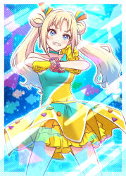 1girl :d akihitohappy alternate_costume aqua_choker aqua_dress arashi_chisato arashi_chisato_(cosplay) blonde_hair blue_eyes blue_hair breasts choker collarbone commentary_request cosplay double_bun dress fang frilled_dress frills gloves gradient_hair grin hair_bun highres light_blue_hair link!_like!_love_live! long_hair looking_at_viewer love_live! love_live!_superstar!! medium_breasts multicolored_hair open_mouth osawa_rurino parted_bangs short_dress single-shoulder_dress smile solo tokonatsu_sunshine twintails two-tone_dress v-shaped_eyebrows virtual_youtuber yellow_dress yellow_gloves