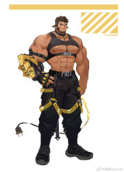 Rule 34 | 1boy, abs, animal ears, bara, bare pectorals, bare shoulders, beard, between pectorals, biceps, brown hair, cable, cable tail, chest belt, chest harness, collar, cow ears, cropped shirt, dark-skinned male, dark skin, facial hair, full body, harness, highres, large pectorals, male focus, mechanical tail, muscular, muscular male, nipples, original, pectorals, short hair, solo, standing, stomach, tail, thick eyebrows, tusks, underbust, underpec, xianyusamuel
