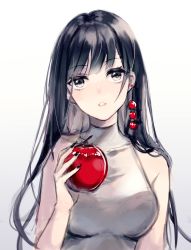 Rule 34 | 1girl, apple, bare arms, bare shoulders, black eyes, black hair, black nails, blush, breasts, collarbone, fingernails, food, fruit, gradient background, grey background, grey shirt, hair ornament, highres, holding, holding food, holding fruit, itsia, long hair, looking at viewer, medium breasts, nail polish, original, parted lips, red apple, shirt, sleeveless, sleeveless shirt, solo, very long hair, white background