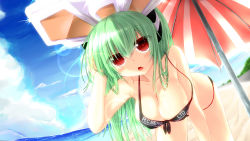 Rule 34 | 1girl, beach, beach umbrella, bikini, black bikini, breasts, cleavage, cloud, day, dodome-iro mayonnaise, front-tie top, green hair, hanging breasts, highres, large breasts, lens flare, long hair, looking at viewer, open mouth, original, outdoors, red eyes, sky, solo, strap slip, swimsuit, umbrella