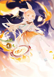 Rule 34 | 1girl, animal ears, arknights, blonde hair, chinese commentary, commentary request, full body, holding, holding staff, long hair, long sleeves, maid headdress, no shoes, open mouth, orange eyes, orange skirt, pen liangshui po ya po, rabbit ears, rabbit girl, shirt, skirt, socks, solo, staff, teeth, twintails, upper teeth only, warmy (arknights), white shirt, white socks