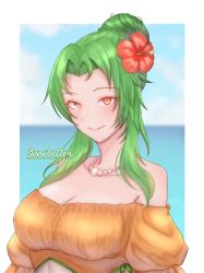 Rule 34 | 1girl, absurdres, artist name, bikini, blush, breasts, cleavage, elincia ridell crimea, fire emblem, flower, flower on head, green hair, hair bun, highres, jewelry, large breasts, looking at viewer, necklace, nintendo, orange eyes, solo, swimsuit, tagme