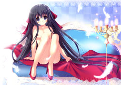 Rule 34 | 1girl, black hair, blue eyes, blush, breasts, candle, casual nudity, couch, feathers, high heels, large breasts, legs, long hair, mizusawa mimori, nipples, nude, original, red footwear, shoes, sitting, smile, solo, very long hair