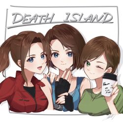 Rule 34 | 3girls, :d, black thighhighs, blue eyes, blue tank top, brown hair, claire redfield, closed mouth, collarbone, cup, english text, fingerless gloves, gloves, green shirt, green sleeves, hand on another&#039;s shoulder, holding, holding cup, jacket, jill valentine, looking at viewer, mar0maru, medium hair, multiple girls, one eye closed, open hand, open mouth, parted bangs, rebecca chambers, red jacket, red sleeves, resident evil, resident evil: death island, shirt, short hair, simple background, smile, tank top, thighhighs, upper body, white background
