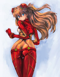 Rule 34 | 1girl, artist request, ass, ass focus, bodysuit, boyaking, breasts, brown hair, butt crack, evangelion: 2.0 you can (not) advance, floating hair, long hair, looking at viewer, looking back, medium breasts, neon genesis evangelion, plugsuit, rebuild of evangelion, red bodysuit, shiny clothes, skin tight, souryuu asuka langley, test plugsuit, very long hair, wide hips