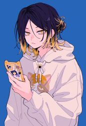Rule 34 | 1boy, animal print, black hair, blonde hair, blue background, cat print, cellphone, character request, commentary, copyright request, haikyuu!!, highres, holding, holding phone, hood, hoodie, kozume kenma, looking at viewer, multicolored hair, nasi w2, phone, simple background, slit pupils, smartphone, solo, sticker, symbol-only commentary, two-tone hair, white hoodie, yellow eyes