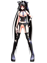 Rule 34 | 1girl, 3d, bare shoulders, between breasts, black hair, black thighhighs, boots, breasts, bug, calne ca (deino), collar, collarbone, corset, cross-laced footwear, deino (deino3330), female focus, full body, functionally nude, garter belt, gloves, highres, knee boots, looking at viewer, medium breasts, nail polish, necktie, necktie between breasts, nipples, original, pussy, red eyes, revealing clothes, single glove, smile, solo, thighhighs, torn clothes, torn thighhighs, uncensored, white background