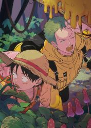 Rule 34 | 2boys, 7nawon, backpack, bag, black eyes, black hair, facial scar, forest, green hair, hat, highres, jacket, leaf, looking to the side, looking up, male focus, monkey d. luffy, multiple boys, mushroom, nature, one eye closed, one piece, open mouth, orange overalls, outdoors, overalls, plant, roronoa zoro, scar, scar across eye, scar on cheek, scar on face, shirt, short hair, sideburns, straw hat, tree, upper body, vines, yellow jacket, yellow shirt