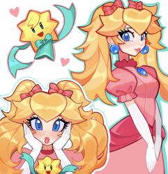Rule 34 | 1girl, blue eyes, bow, breasts, commentary, dress, earrings, elbow gloves, english commentary, fizzeru, gloves, hair bow, hands on own cheeks, hands on own face, highres, jewelry, light blush, long dress, long hair, looking at viewer, mario (series), medium breasts, multiple views, nintendo, parted lips, pink bow, pink dress, princess peach, princess peach: showtime!, puffy short sleeves, puffy sleeves, short sleeves, sidelocks, stella (peach), twintails, upper body, v arms, white background, white gloves