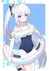 Rule 34 | 1girl, absurdres, animal ears, bare shoulders, blue archive, blue one-piece swimsuit, blush, closed mouth, commentary, dot mouth, expressionless, fake animal ears, foot out of frame, frilled one-piece swimsuit, frills, halo, highres, holding, holding swim ring, innertube, long hair, looking at viewer, miyako (blue archive), miyako (swimsuit) (blue archive), momip, off-shoulder one-piece swimsuit, off shoulder, official alternate costume, one-piece swimsuit, ponytail, rabbit ears, sandals, simple background, solo, swim ring, swimsuit, very long hair, white hair