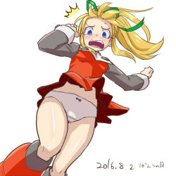 Rule 34 | 1girl, ^^^, black shirt, blonde hair, blush, boots, bow, bow panties, breasts, clothes lift, commentary request, dated, dress, dress lift, embarrassed, from below, green ribbon, hair ribbon, knee boots, kurowasagi, long hair, long sleeves, looking at viewer, mega man (classic), mega man (series), nose blush, open mouth, panties, panties day, ponytail, red dress, red footwear, ribbon, roll (mega man), shirt, sidelocks, simple background, sketch, small breasts, solo, standing, teeth, undershirt, underwear, white background, white panties, wind, wind lift
