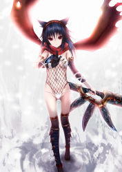 Rule 34 | 1girl, akina t, animal ears, armlet, armor, bad id, bad pixiv id, bare shoulders, black hair, black socks, breasts, cross-laced clothes, detached sleeves, expressionless, fishnets, flipped hair, full body, fundoshi, gloves, greaves, groin, hair between eyes, hairband, highleg, highleg leotard, highres, holding, holding weapon, japanese clothes, kneehighs, kuji-in, leotard, long hair, looking at viewer, monster hunter (series), nargacuga (armor), navel, ninja, ninjutsu, panties, red eyes, sandals, scales, scarf, see-through, short hair, single glove, small breasts, socks, solo, spikes, standing, teeth, thighs, torn clothes, torn scarf, underboob, underwear, weapon, white panties