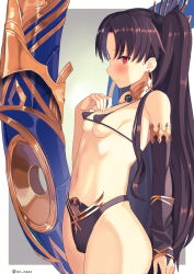 Rule 34 | 1girl, armlet, asymmetrical sleeves, bare shoulders, bikini, bikini top only, black bikini, black bow, black hair, blush, border, bow, breasts, bridal gauntlets, closed mouth, covered erect nipples, detached collar, detached sleeves, earrings, fate/grand order, fate (series), gradient background, grey background, hair bow, hand on own chest, heavenly boat maanna, highleg, highleg bikini, highres, hoop earrings, ishtar (fate), jewelry, long hair, looking at viewer, micro bikini, micro bikini top, navel, neck ring, oz ma33, parted bangs, red eyes, single detached sleeve, small breasts, smile, solo, swimsuit, thighs, tiara, two side up, uneven sleeves, weapon, white border
