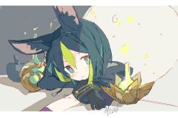 Rule 34 | 1boy, animal ears, arm on table, artist name, black gloves, blue hair, blush, closed mouth, commentary, genshin impact, gloves, green eyes, green hair, hair between eyes, head rest, highres, looking at viewer, male focus, melanbread, mortar (bowl), multicolored hair, pestle, shadow, short hair, signature, smile, solo, streaked hair, symbol-only commentary, table, tighnari (genshin impact)