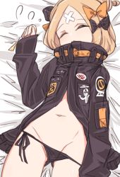 Rule 34 | 1girl, abigail williams (fate), abigail williams (traveling outfit) (fate), bandaid, bandaid on face, bandaid on forehead, belt, black bow, black jacket, black panties, blonde hair, blush, bow, breasts, chawan (yultutari), closed eyes, crossed bandaids, fate/grand order, fate (series), forehead, hair bun, heroic spirit traveling outfit, highres, jacket, long hair, lying, multiple bows, navel, official alternate costume, on back, open mouth, orange belt, orange bow, panties, parted bangs, polka dot, polka dot bow, single hair bun, sleeping, sleeves past fingers, sleeves past wrists, solo, thighs, underwear