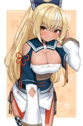 Rule 34 | 1girl, artist name, bare shoulders, black ribbon, blonde hair, blue bow, border, bow, breasts, cleavage, cleavage cutout, clothing cutout, cowboy shot, dark-skinned female, dark skin, elf, floral background, hair bow, hand in own hair, high ponytail, highres, hololive, japanese clothes, large breasts, layered sleeves, leaning forward, long hair, long sleeves, multicolored hair, nichijo, outside border, panties, parted lips, pink background, pointy ears, red eyes, red ribbon, ribbon, shiranui flare, shiranui flare (old design), shoulder cutout, side-tie panties, sidelocks, smile, solo, straight hair, streaked hair, tassel, underwear, very long hair, virtual youtuber, white border, white hair