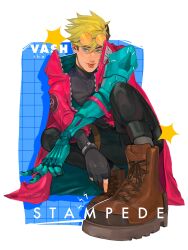 Rule 34 | 1boy, absurdres, blonde hair, brown footwear, character name, coat, hair between eyes, highres, mole, mole under eye, prosthesis, prosthetic arm, red coat, robotica art, solo, sunglasses, tongue, tongue out, trigun, trigun stampede, vash the stampede