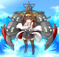 Rule 34 | 10s, 1girl, bare shoulders, black thighhighs, blush, boots, brown hair, cannon, cloud, day, detached sleeves, double bun, grey eyes, hair bun, hair ornament, hairband, headgear, highres, japanese clothes, kantai collection, karukan (monjya), kongou (kancolle), long hair, nontraditional miko, personification, skirt, sky, smile, solo, thigh boots, thighhighs, turret, water