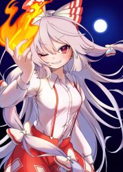 Rule 34 | 1girl, ;), blush, bow, collared shirt, commentary, cowboy shot, e sdss, fire, fujiwara no mokou, full moon, grin, hair bow, highres, long hair, long sleeves, looking at viewer, moon, night, night sky, ofuda, ofuda on clothes, one eye closed, pants, pyrokinesis, red bow, red pants, shirt, sky, smile, solo, suspenders, touhou, two-tone bow, v-shaped eyebrows, white bow, white hair, white shirt, wing collar