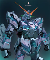 Rule 34 | absurdres, brayanong999, clenched hands, commentary, commission, english commentary, glowing, glowing eyes, green eyes, gundam, gundam unicorn, highres, looking up, mecha, no humans, nt-d, photo-referenced, robot, solo, unicorn gundam, upper body, watermark