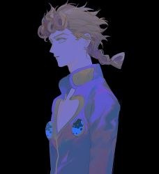 Rule 34 | 1boy, arms at sides, bad id, bad twitter id, black background, blonde hair, blue eyes, braid, braided ponytail, bug, clothing cutout, earrings, facing to the side, from side, giorno giovanna, gold trim, heart cutout, highres, insect, jewelry, jojo no kimyou na bouken, ladybug, looking to the side, male focus, nima (nimamann), parted lips, simple background, solo, vento aureo