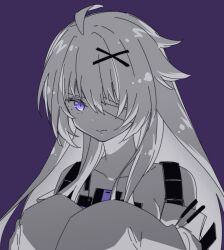 Rule 34 | 1girl, ahoge, bandage over one eye, closed mouth, greyscale, hair between eyes, hair ornament, highres, long hair, monochrome, no.21: xxi (punishing: gray raven), no.21 (punishing: gray raven), punishing: gray raven, purple background, purple eyes, sidelocks, sleeves past fingers, sleeves past wrists, solo, suspenders, tro vo0723, unkempt, x hair ornament
