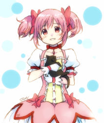 Rule 34 | 1girl, amy (madoka magica), animal, artist name, bubble skirt, buttons, cat, choker, collarbone, dot nose, flat chest, frills, gloves, hair ribbon, happy, head tilt, holding, holding animal, holding cat, jun (j u n0), kaname madoka, light blush, looking at viewer, mahou shoujo madoka magica, mahou shoujo madoka magica (anime), parted lips, pink eyes, pink hair, pink ribbon, polka dot, polka dot background, puffy short sleeves, puffy sleeves, red choker, red neckwear, red ribbon, ribbon, ribbon choker, short sleeves, short twintails, simple background, skirt, smile, solo, soul gem, tareme, twintails, white background, white gloves, white skirt