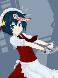 Rule 34 | 1girl, :/, alternate costume, apron, aqua eyes, aqua hair, bare arms, closed mouth, collared shirt, commentary request, cup, dress, dress shirt, dutch angle, enmaided, frills, gloves, hair between eyes, hair ornament, highres, holding, holding tray, jakomurashi, looking at viewer, maid, maid apron, maid headdress, miyako yoshika, necktie, ofuda, outstretched arms, red dress, red necktie, shirt, short hair, short sleeves, solo, star (symbol), star hair ornament, touhou, tray, waist apron, white gloves, white shirt