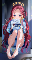 Rule 34 | 1girl, absurdres, barefoot, blue archive, blue eyes, blue panties, blush, bow, full body, hair bow, halo, handheld game console, highres, holding, holding handheld game console, jacket, kaminose (user veum4325), long hair, long sleeves, looking at viewer, nintendo switch, open mouth, orange halo, panties, red hair, solo, toes, underwear, white bow, white jacket, yuuka (blue archive), yuzu (blue archive)