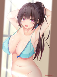 Rule 34 | 1girl, aqua bra, armpits, arms up, black hair, blush, bottomless, bra, breasts, censored, cleavage, collarbone, commentary request, female pubic hair, hair tie, highres, indoors, large breasts, light censor, long hair, looking at viewer, mirror, mole, mole under eye, nao (naobinarydigit), open bra, open mouth, original, ponytail, pubic hair, red eyes, reflection, simple background, solo, tying hair, underwear