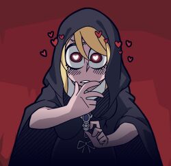 Rule 34 | 1girl, black cloak, black dress, blonde hair, blush, cloak, commentary, dress, elden ring, english commentary, fia the deathbed companion, heart, heart-shaped pupils, helltaker, highres, hood, hood up, hooded cloak, long hair, looking at viewer, red background, red eyes, shi ling yu, solo, symbol-shaped pupils, vanripper (style), wide sleeves