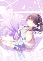Rule 34 | 1girl, absurdres, bare shoulders, belt, black hair, commentary request, fukumaru koito, hair ribbon, highres, idol clothes, idolmaster, idolmaster shiny colors, long hair, looking at viewer, navel, purple eyes, ribbon, shiohari kanna, shorts, side ponytail, sitting, sitting on stairs, solo, stairs, thighhighs, white belt, white shorts, white thighhighs